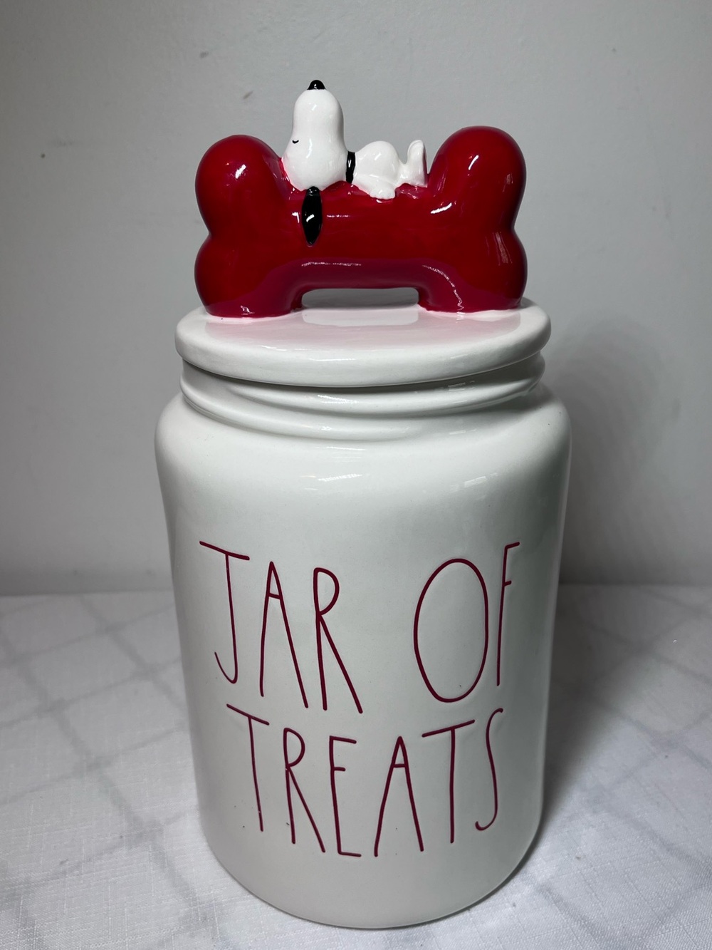 Rae Dunn White Treat Jar with Red Bone Lid & Snoopy Accent